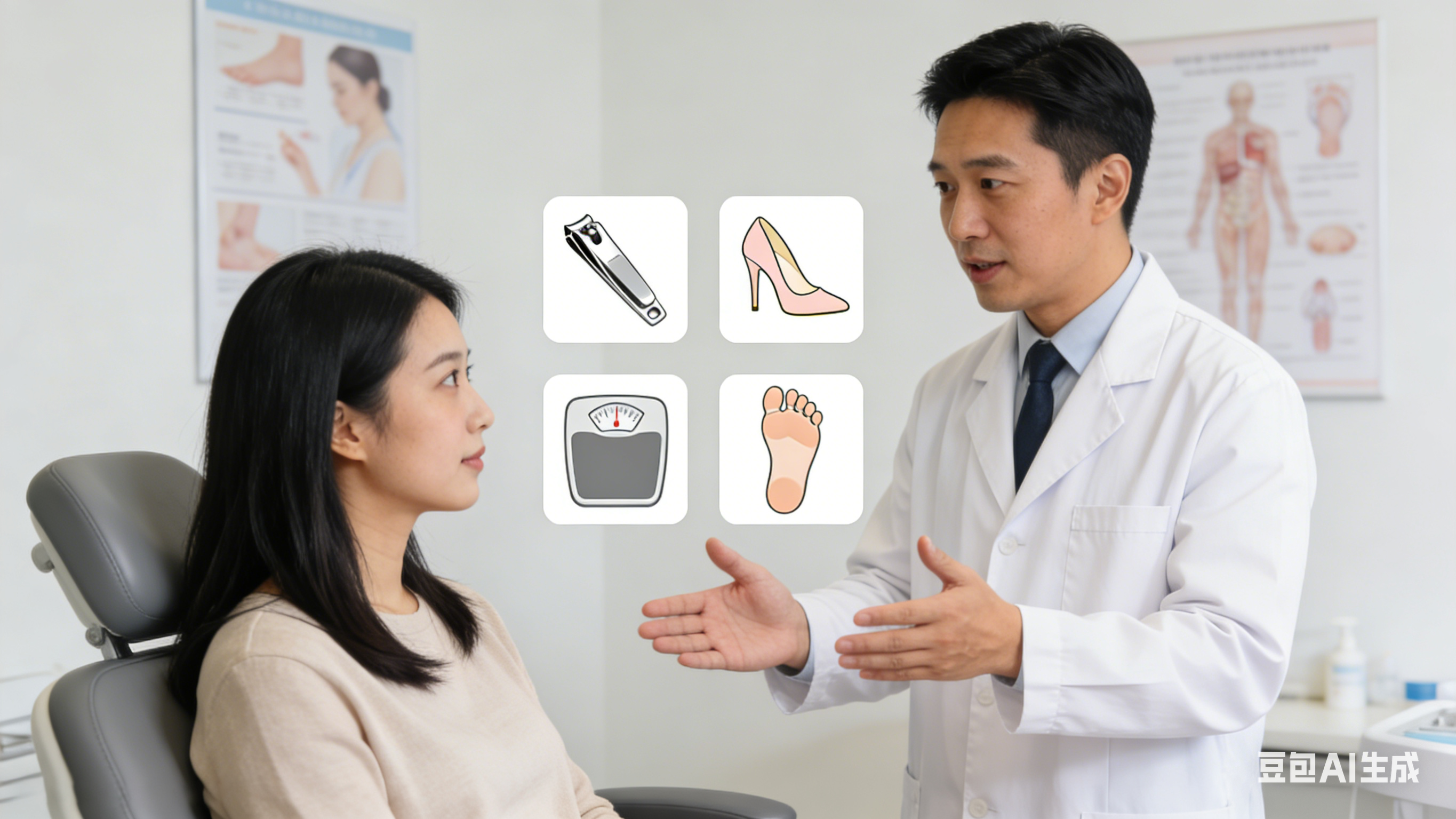 Asian dermatologist in white coat showing four icons (nail clipper, high heel, weight scale, stubbed toe) to Asian female patient in clinic.
