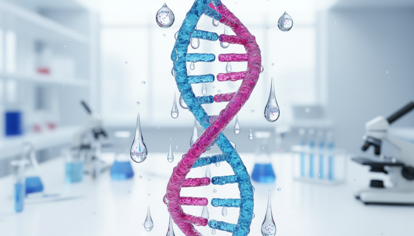 Conceptual image illustrating the genetic link to hyperhidrosis with DNA strands and sweat droplets Conceptual image illustrating the genetic link to hyperhidrosis with DNA strands and sweat droplets