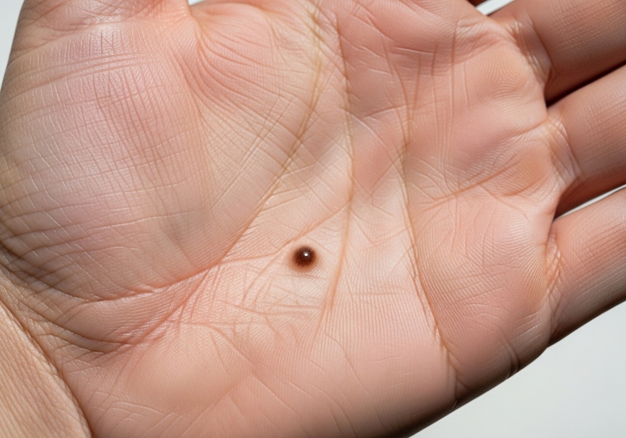A close-up image showing a mole on the palm of a hand, a high-risk area. A close-up image showing a mole on the palm of a hand, a high-risk area.