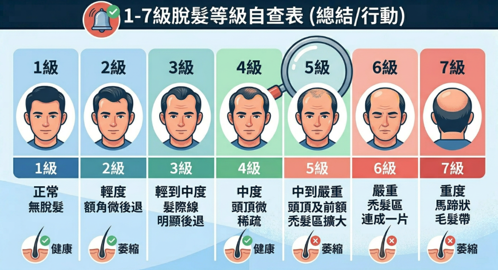 清晰、標準化的 Norwood 1-7 級圖表，包含各級的繁體中文描述，方便讀者自我評估