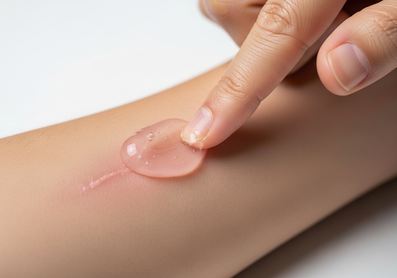 A person applying silicone-based scar gel to a new scar as a preventative treatment.