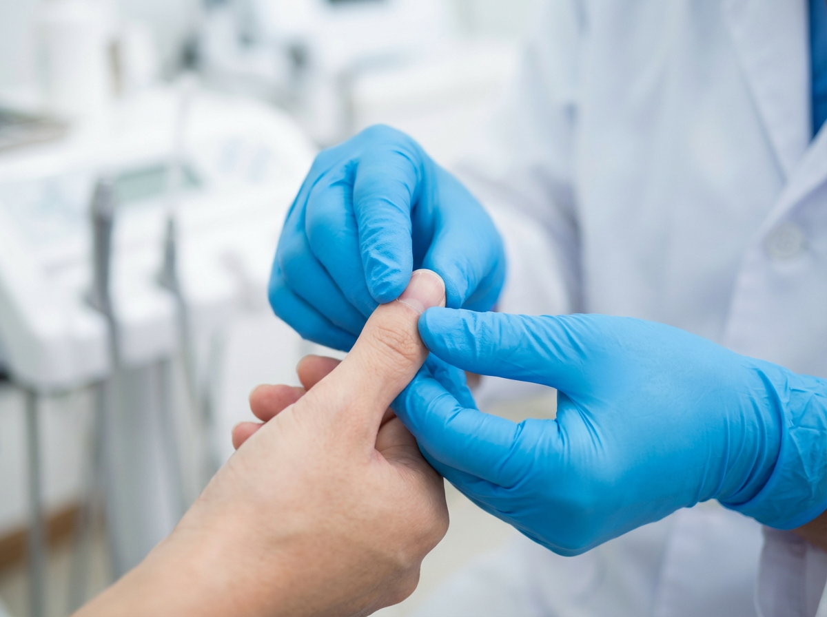 Doctor examining fungal nail symptoms.
