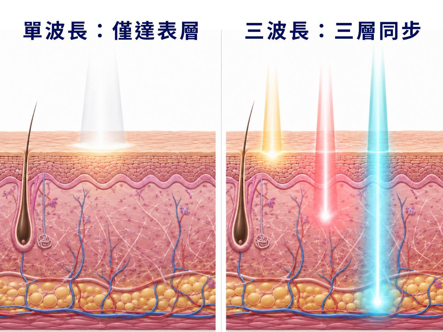 Comparison diagram of single-wavelength vs tri-wavelength laser skin penetration