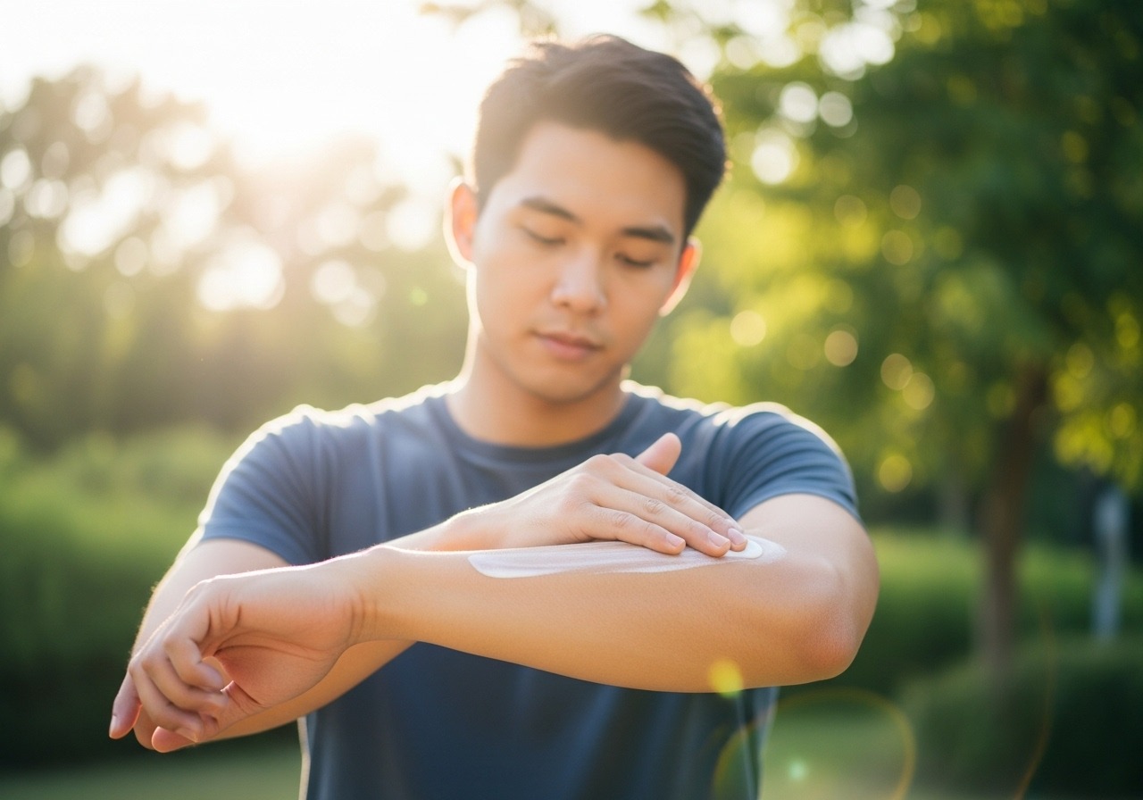 A person applying sunscreen to their arm to protect their skin from UV rays.