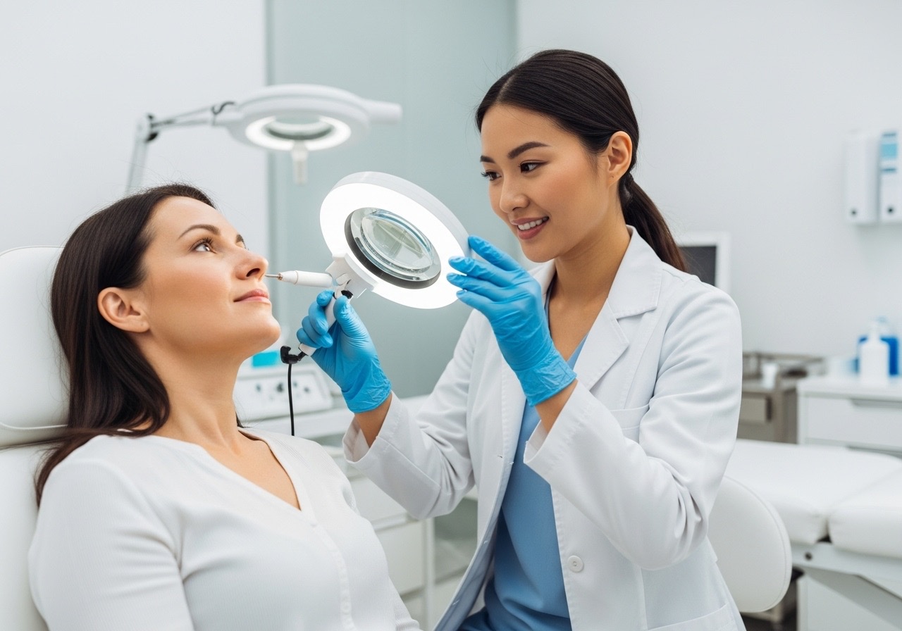 An Asian dermatologist examining a patient's facial skin in a clinical setting to diagnose a skin condition. An Asian dermatologist examining a patient's facial skin in a clinical setting to diagnose a skin condition.