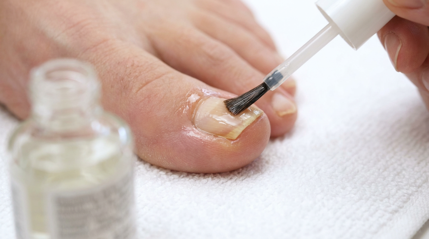 Close-up applying antifungal liquid medication to a prepared toenail with an applicator brush