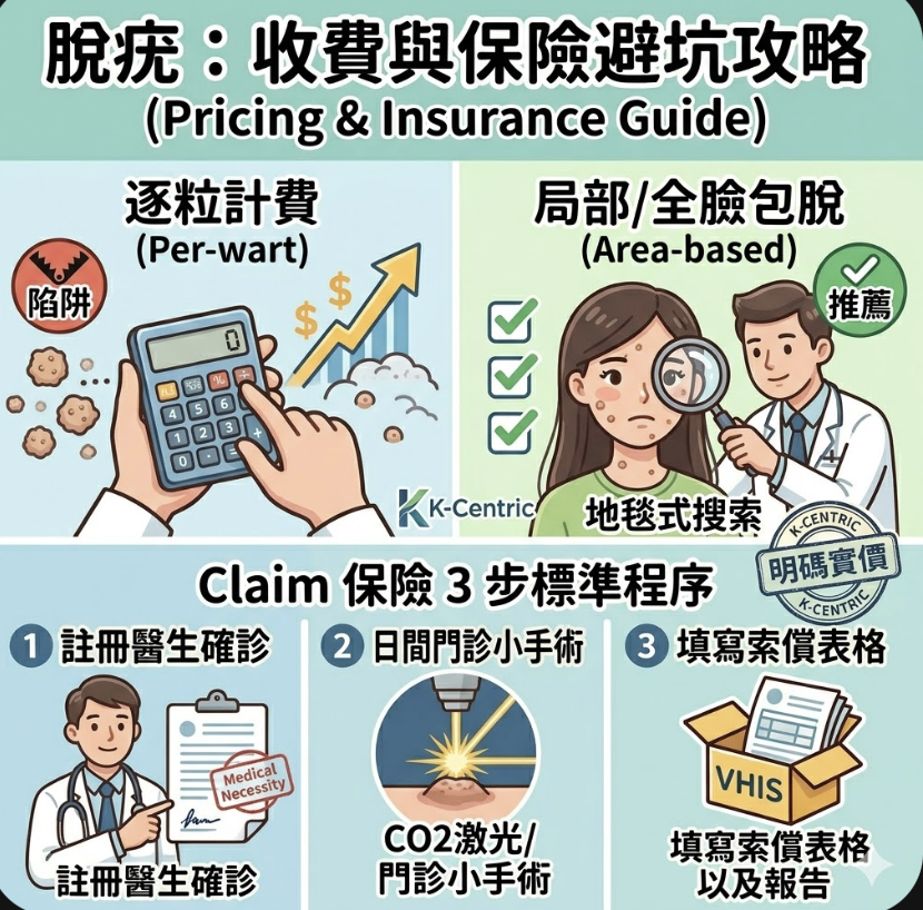 一張正方形卡通資訊圖，頂部橫幅為：「脫疣：收費與保險避坑攻略 (Pricing & Insurance Guide)」。上半部分比較兩種收費模式：「逐粒計費 (Per-wart)」（帶有計算器和小疣，標記為「陷阱」和「$」）；以及「局部/全臉包脫 (Area-based)」（醫生拿著放大鏡做「地毯式搜索」臉部，標記為「推薦」並帶有勾號）。下半部分詳述 VHIS 理賠的 3 步標準程序：1. 「註冊醫生確診」（簽署醫學必要性報告圖示）；2. 「日間門診小手術」（激光束圖示和「CO2激光/門診小手術」文字）；3. 「填寫索償表格」（向 VHIS 箱提交詳細收據和報告）。融合了「K-Centric」標誌和「明碼實價」印章。