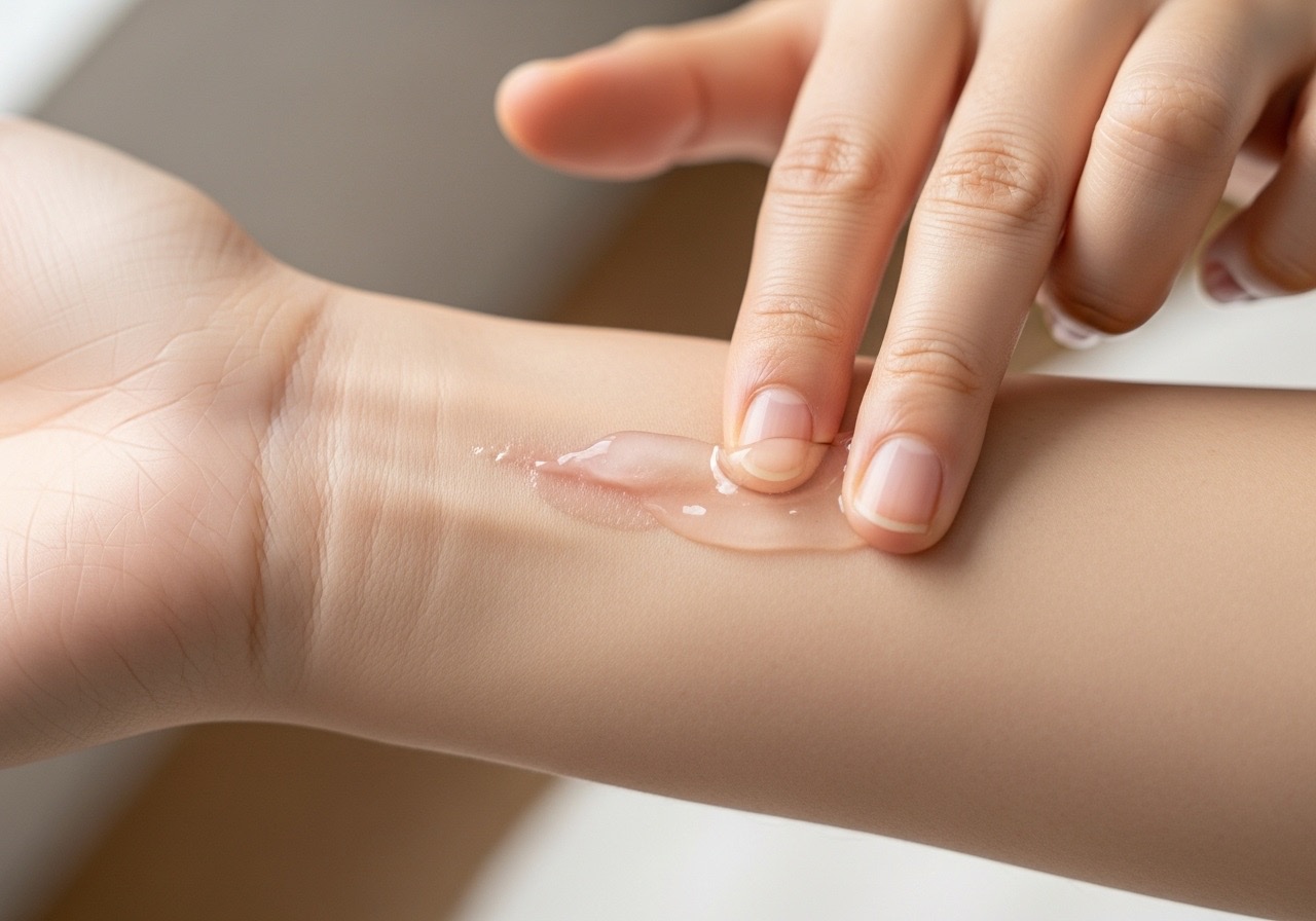 A person applying a healing gel to a small atrophic scar to aid in recovery. A person applying a healing gel to a small atrophic scar to aid in recovery.