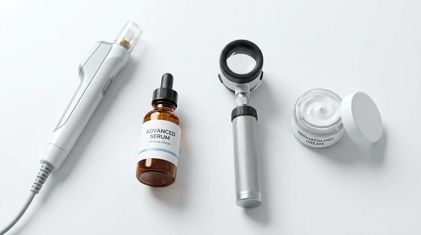 Collection of medical skincare devices and products representing various dermatological treatments
