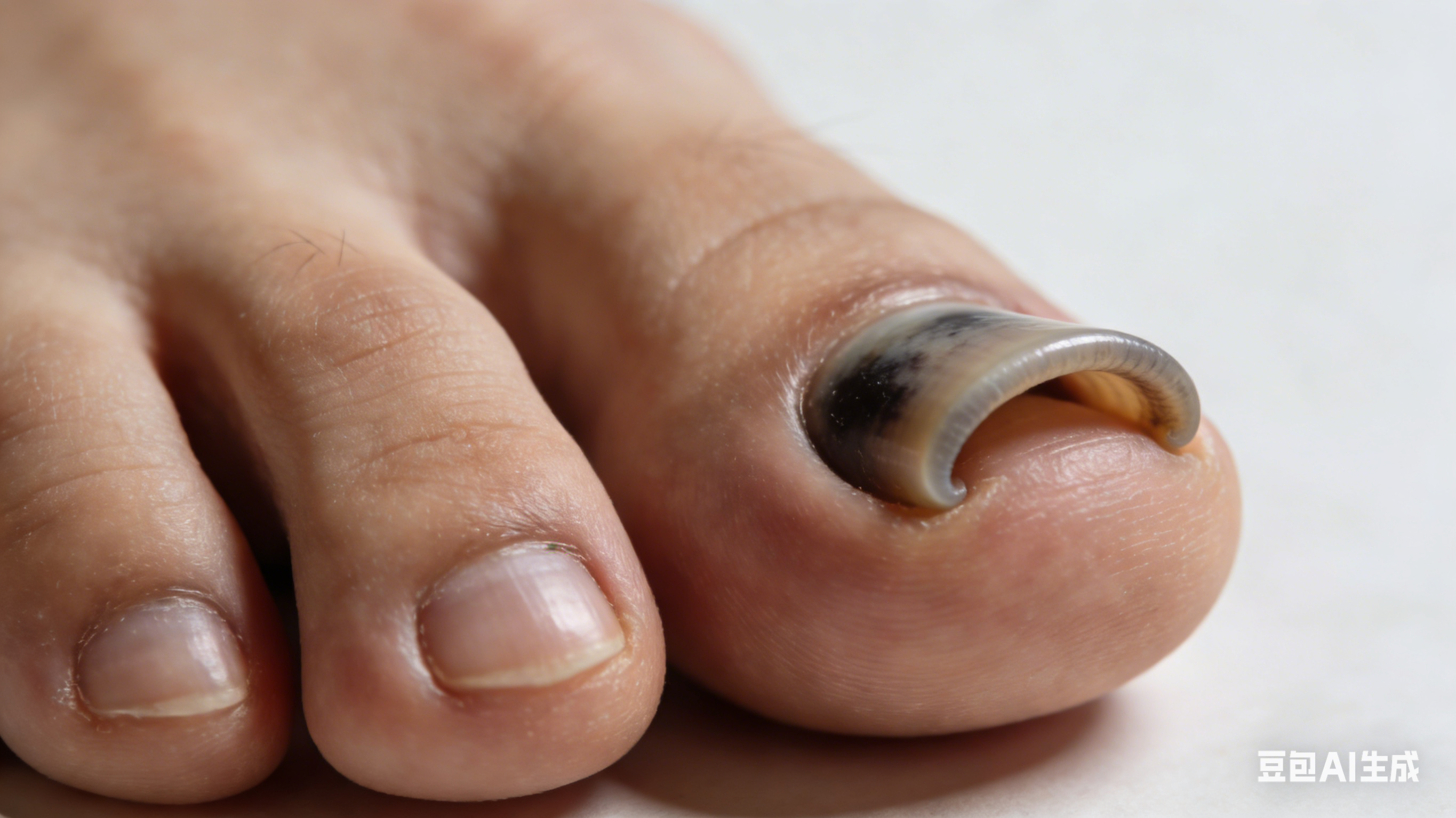 Asian person's big toenail curved excessively from side to side like a tube, with nail bed compression and dark discoloration. Asian person's big toenail curved excessively from side to side like a tube, with nail bed compression and dark discoloration.