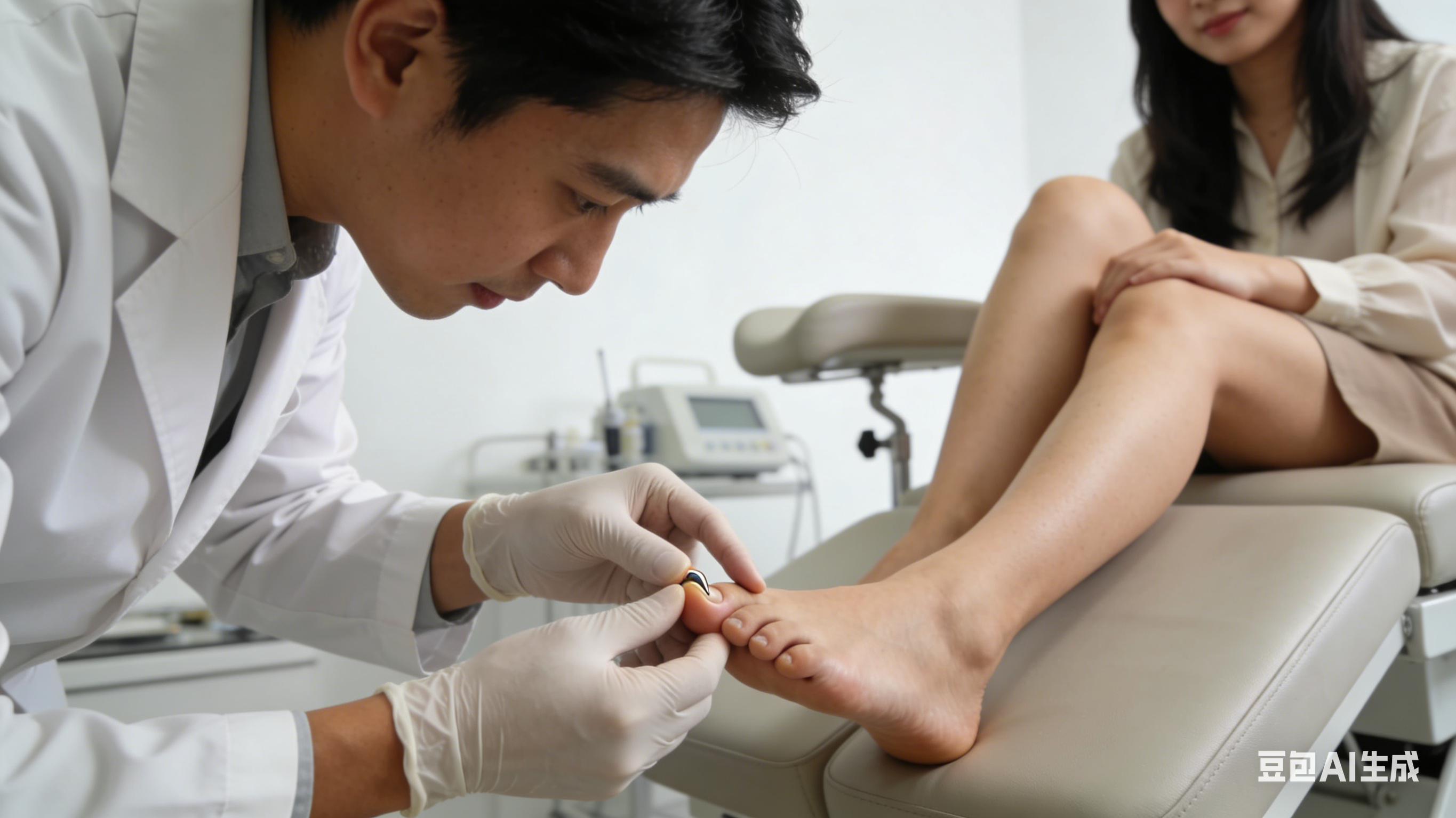 Asian dermatologist in white coat examining Asian female patient's toe in clinic, pointing at the nail shape. Asian dermatologist in white coat examining Asian female patient's toe in clinic, pointing at the nail shape.