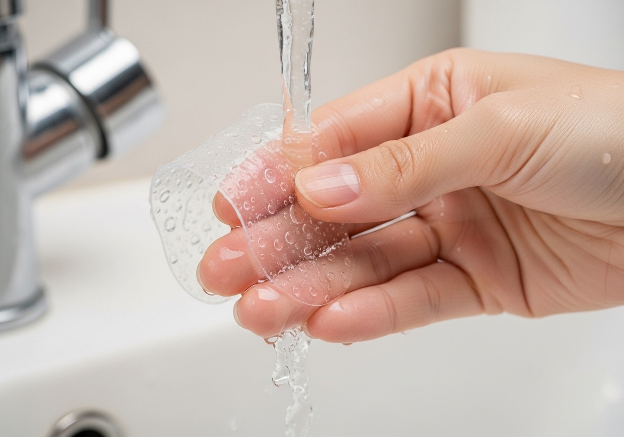 A hand washing a reusable silicone scar patch under running water for cleaning.