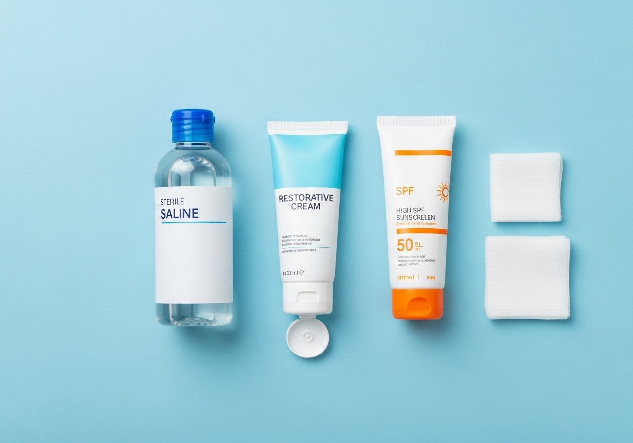 Essential items for post-scab scar care, including saline, repair cream, and sunscreen. Essential items for post-scab scar care, including saline, repair cream, and sunscreen.
