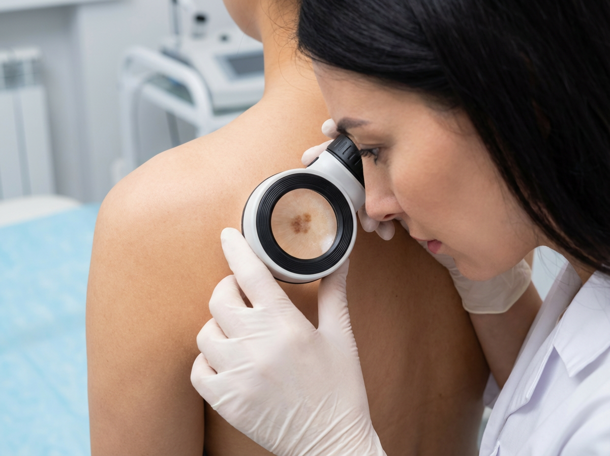 Doctor using dermatoscope to examine skin mole.