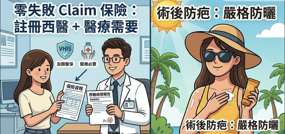 保險理賠與術後護理內文圖。現代卡通風格,一個分成兩部分的場景。左邊:一個卡通人拿著保險袋子和醫療報告(上面有文字「西醫病理報告」),向一個卡通保險代理人展示,背景有「VHIS 理賠」和「醫療需要」圖示。右邊:同一個人在戶外戴著太陽帽、墨鏡和塗防曬霜,避免陽光直射臉部。文字「零失敗 Claim 保險:註冊西醫 + 醫療需要」和「術後防疤:嚴格防曬」。顏色鮮明,行動導向。 保險理賠與術後護理內文圖。現代卡通風格,一個分成兩部分的場景。左邊:一個卡通人拿著保險袋子和醫療報告(上面有文字「西醫病理報告」),向一個卡通保險代理人展示,背景有「VHIS 理賠」和「醫療需要」圖示。右邊:同一個人在戶外戴著太陽帽、墨鏡和塗防曬霜,避免陽光直射臉部。文字「零失敗 Claim 保險:註冊西醫 + 醫療需要」和「術後防疤:嚴格防曬」。顏色鮮明,行動導向。