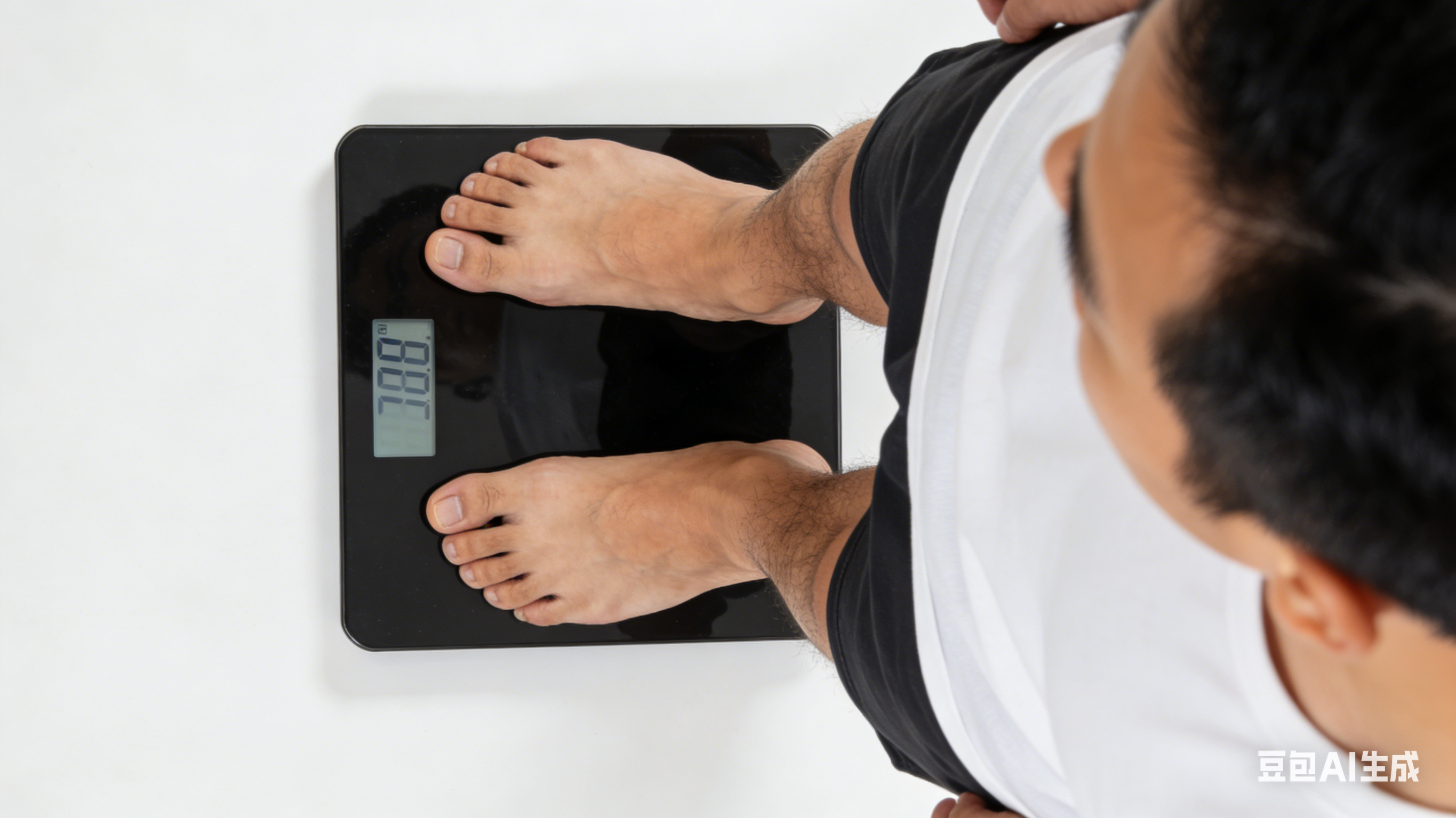 Asian man standing on a weight scale, side view of feet under pressure, stock image style.
