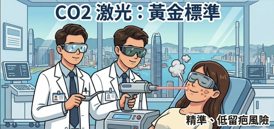 CO2 激光脫疣治療內文圖。現代卡通風格,一個現代化手術室,卡通醫生戴著激光護目鏡操作一台 CO2 激光儀器。激光光束精準對準病人臉上的扁平疣,將其氣化。背景有文字「CO2 激光:黃金標準」、「精準、低留疤風險」。病人看起來很放鬆,也戴著激光護目鏡。顏色乾淨,科技感。 CO2 激光脫疣治療內文圖。現代卡通風格,一個現代化手術室,卡通醫生戴著激光護目鏡操作一台 CO2 激光儀器。激光光束精準對準病人臉上的扁平疣,將其氣化。背景有文字「CO2 激光:黃金標準」、「精準、低留疤風險」。病人看起來很放鬆,也戴著激光護目鏡。顏色乾淨,科技感。