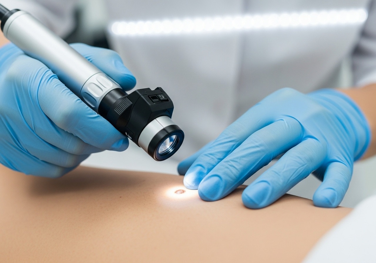 A dermatologist using a dermatoscope to professionally examine a patient's mole.