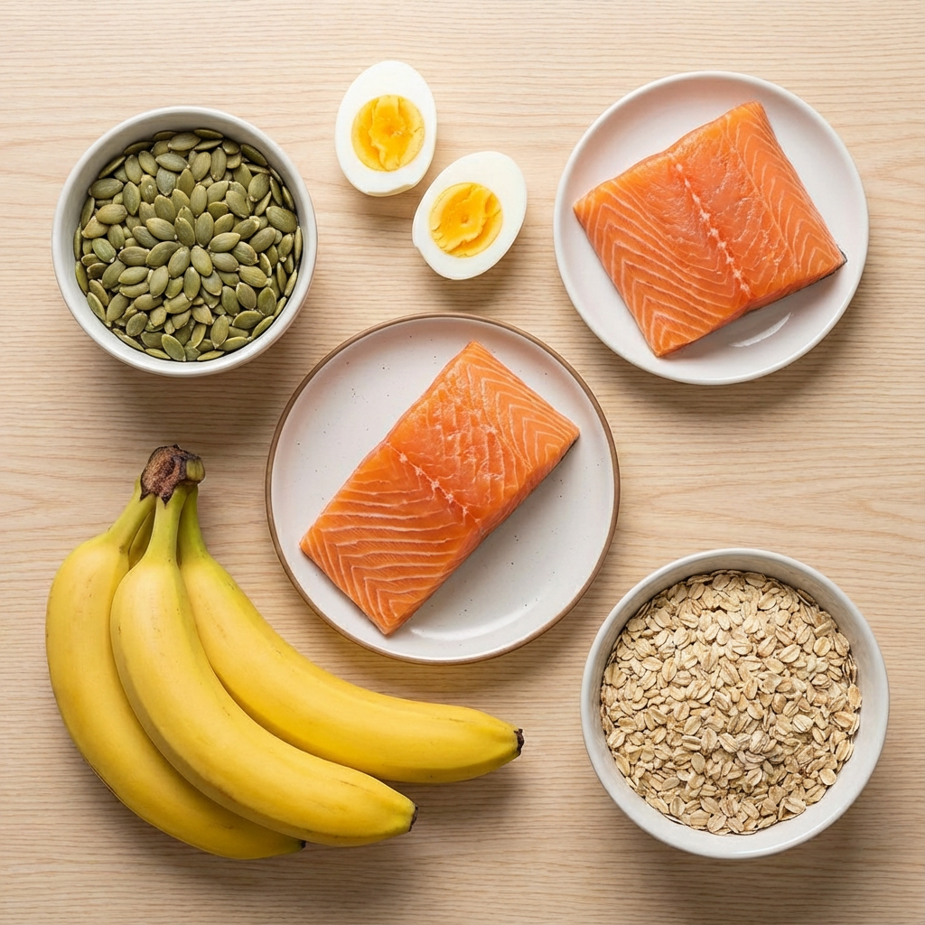 一張平鋪照片，展示了對頭髮健康有益的食物，包括一碗南瓜籽、切開的水煮蛋、兩塊鮭魚排、一串香蕉和一碗燕麥，整齊地擺放在淺色木桌上。