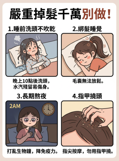 這張圖以分格的形式呈現了 4 個關鍵的傷髮行為:睡前濕髮睡覺、緊綁頭髮睡覺、長期熬夜、指甲撓頭。 這張圖以分格的形式呈現了 4 個關鍵的傷髮行為:睡前濕髮睡覺、緊綁頭髮睡覺、長期熬夜、指甲撓頭。