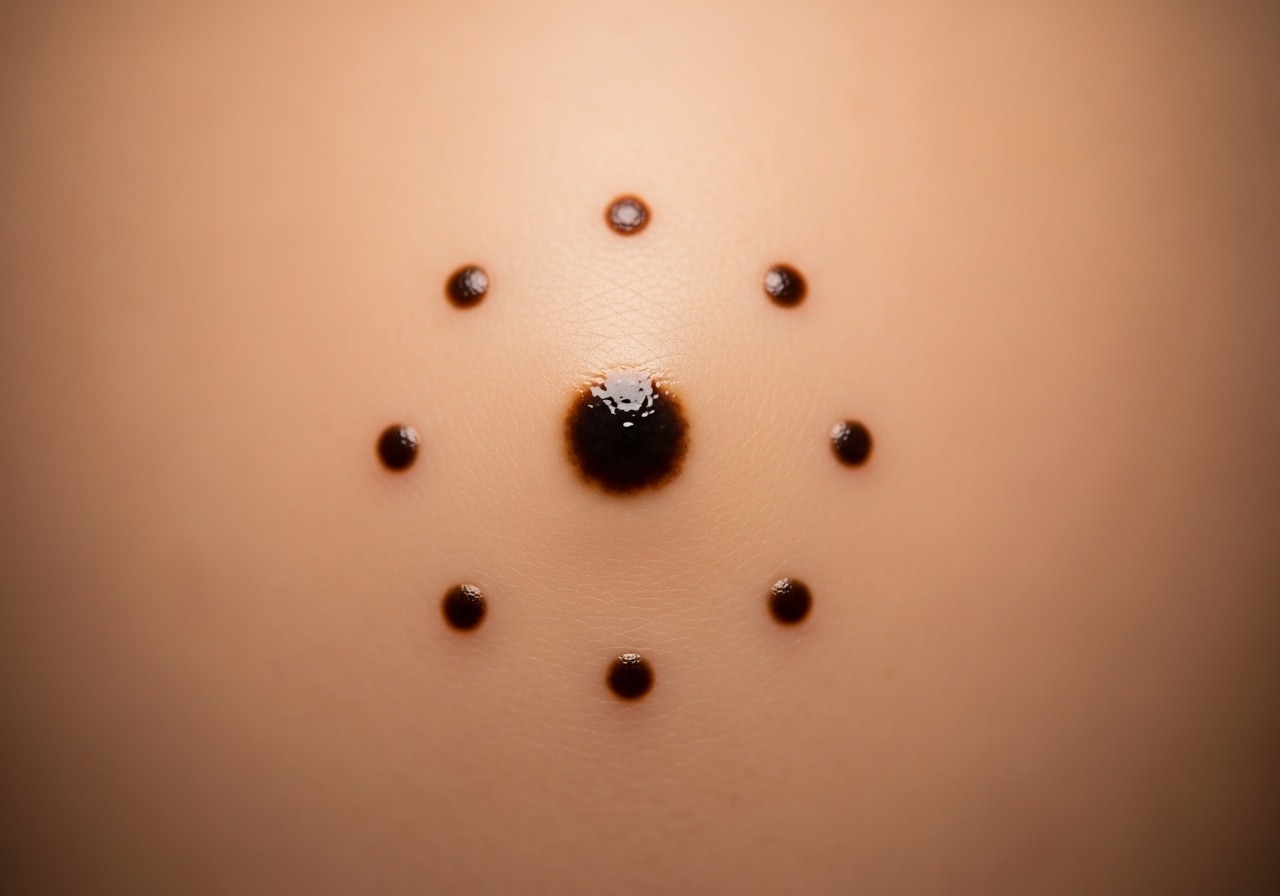 An illustration of a central mole surrounded by smaller satellite moles, a warning sign for skin cancer. An illustration of a central mole surrounded by smaller satellite moles, a warning sign for skin cancer.