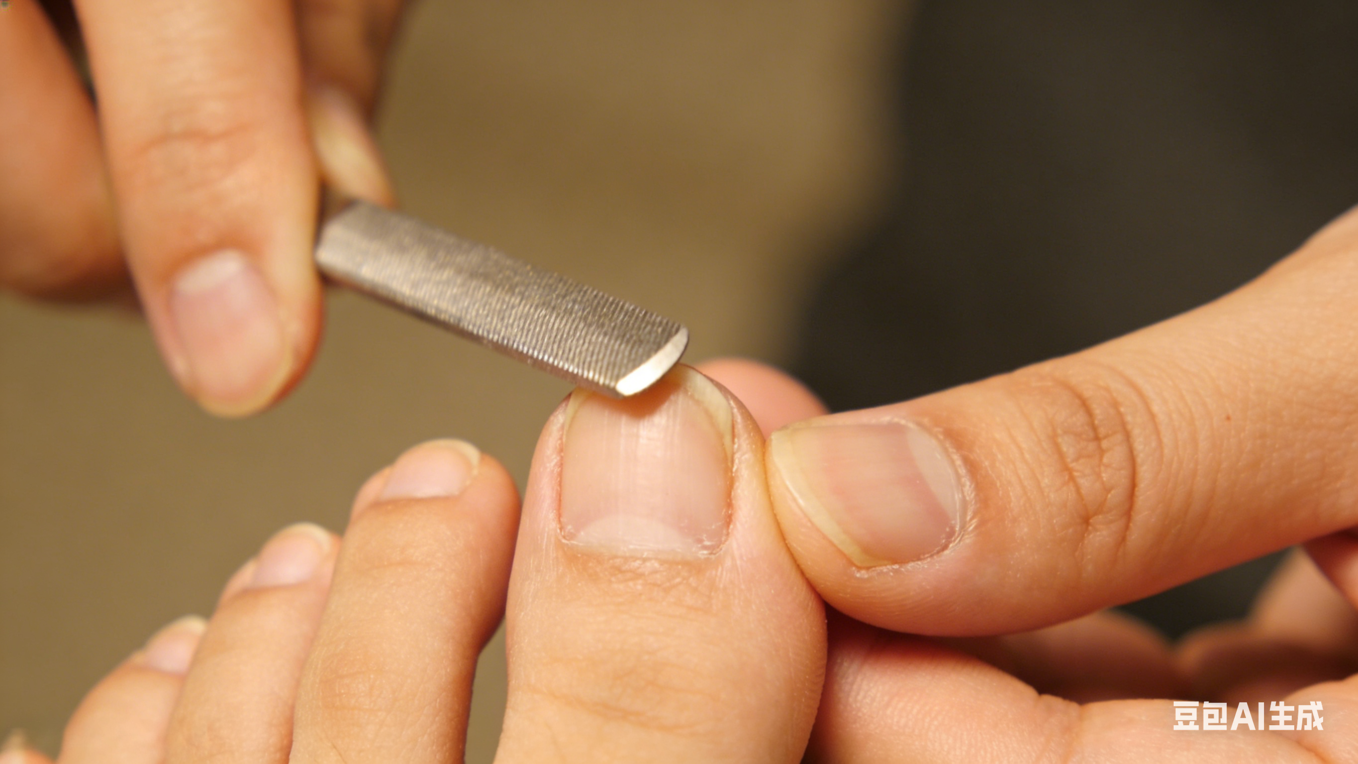 Asian person using a fine nail file to smooth the edge of a freshly cut toenail, single direction motion.
