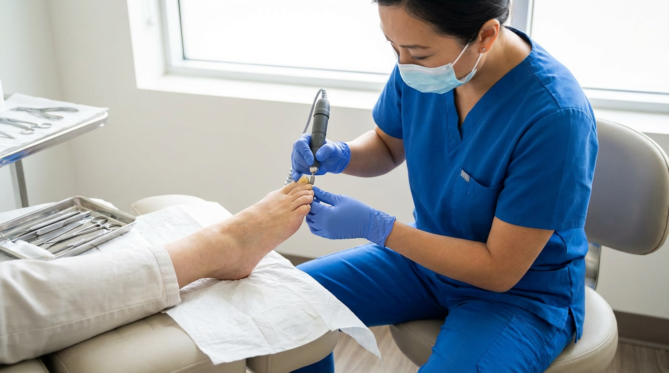 Medical professional performing medical pedicure on a patient's fungal toenail in a clinic