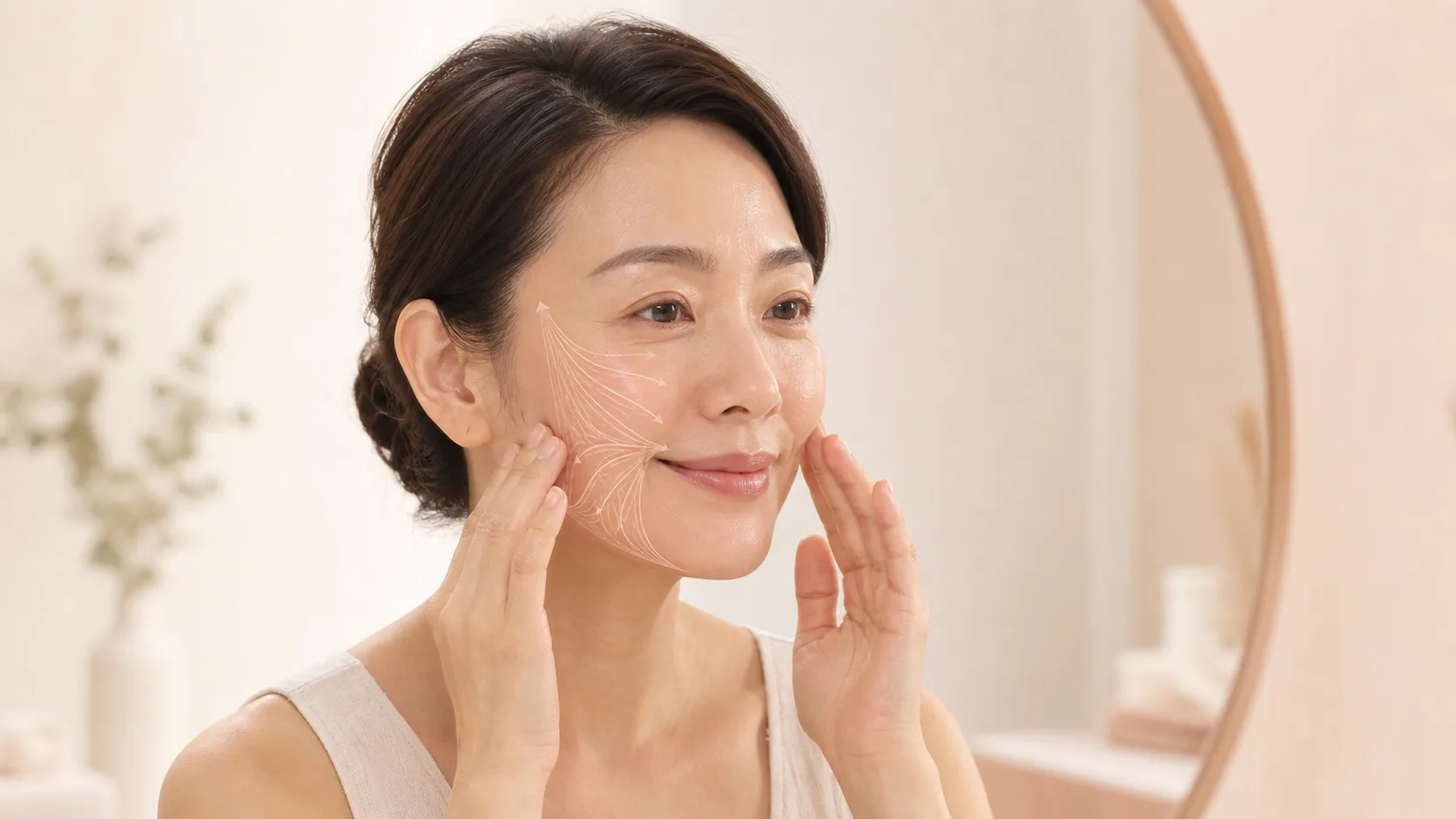 女士在鏡前進行輕柔Face Gym面部肌肉訓練的編輯示意圖