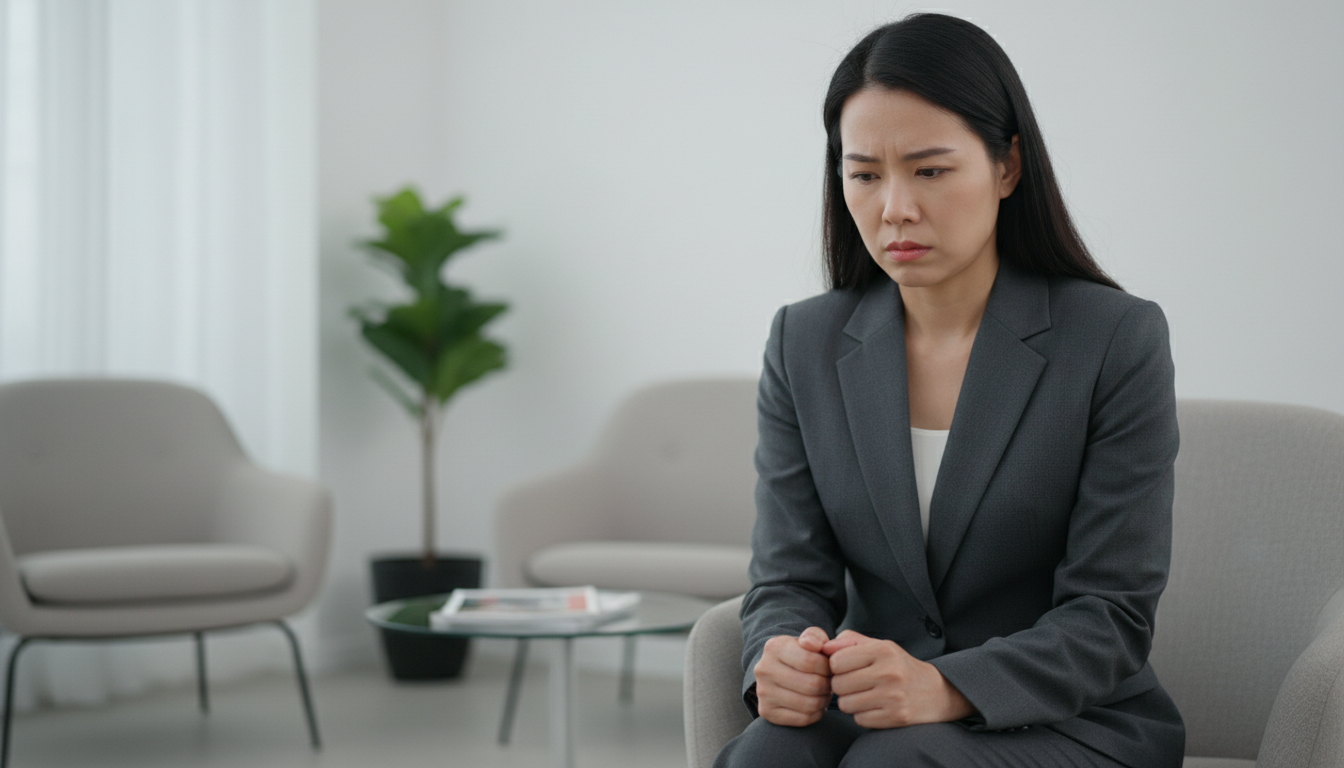 Anxious Asian woman clutching her hands, representing emotional stress as a trigger for sweating
