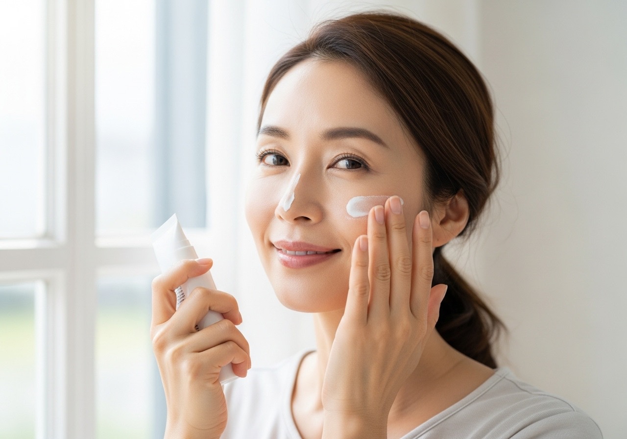An Asian woman applying sunscreen as part of her daily skincare and prevention routine. An Asian woman applying sunscreen as part of her daily skincare and prevention routine.