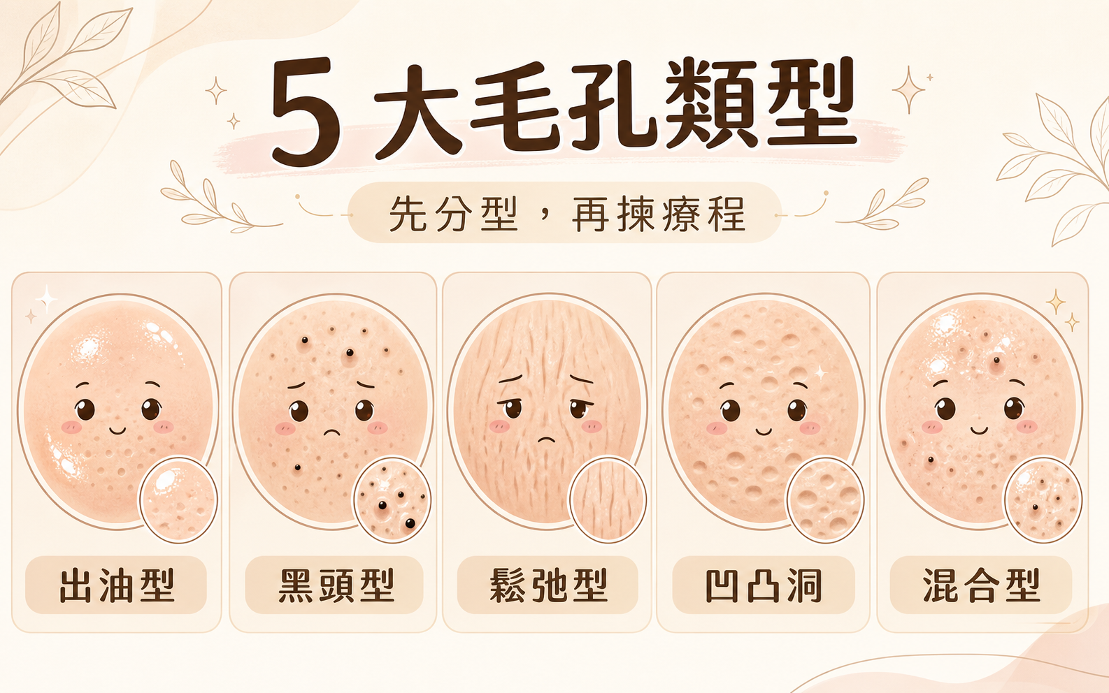 五大毛孔類型 IG 風格插畫