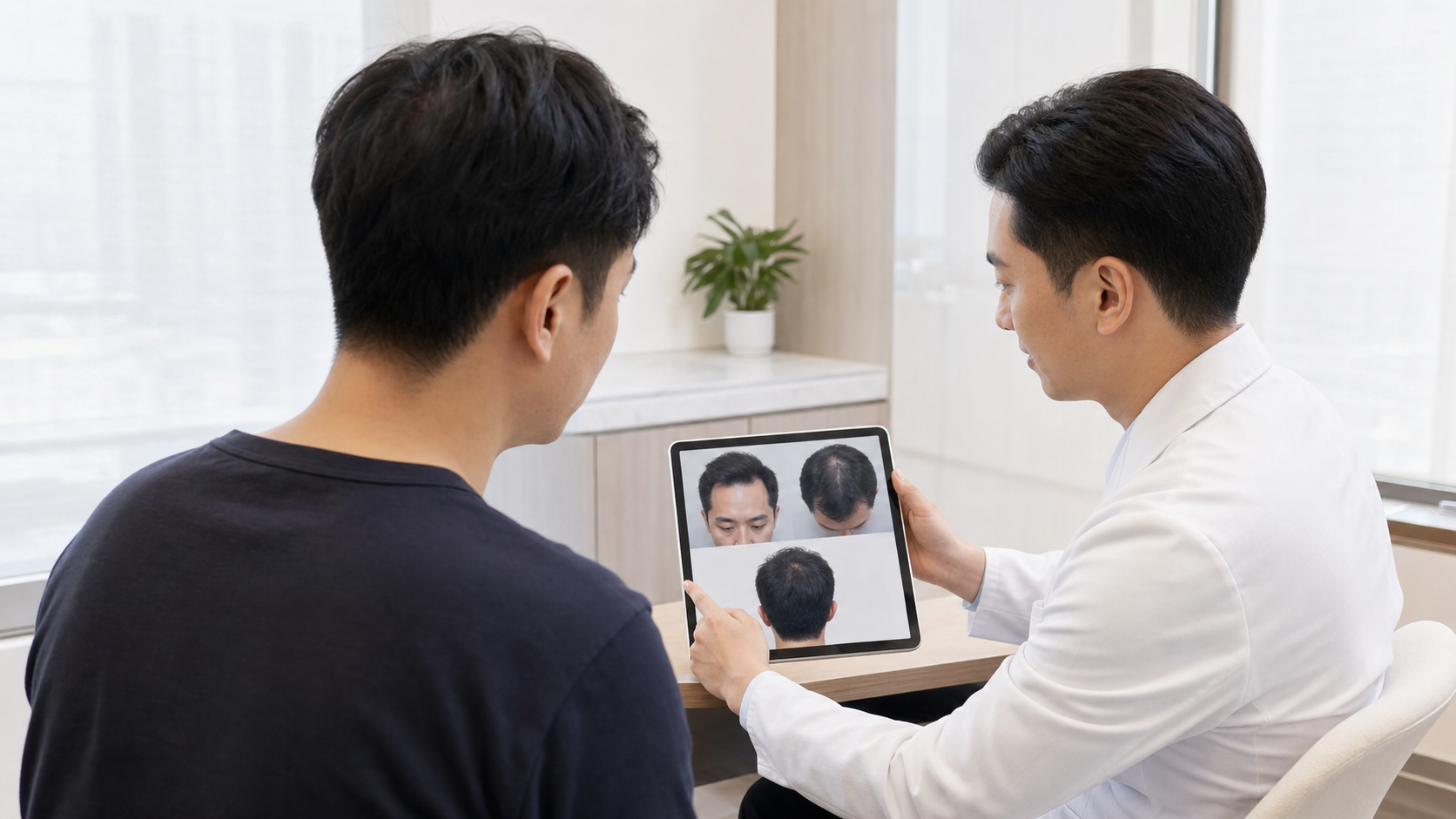 亞洲男士與醫護人員檢視前額頭頂及後枕相片作長期植髮評估