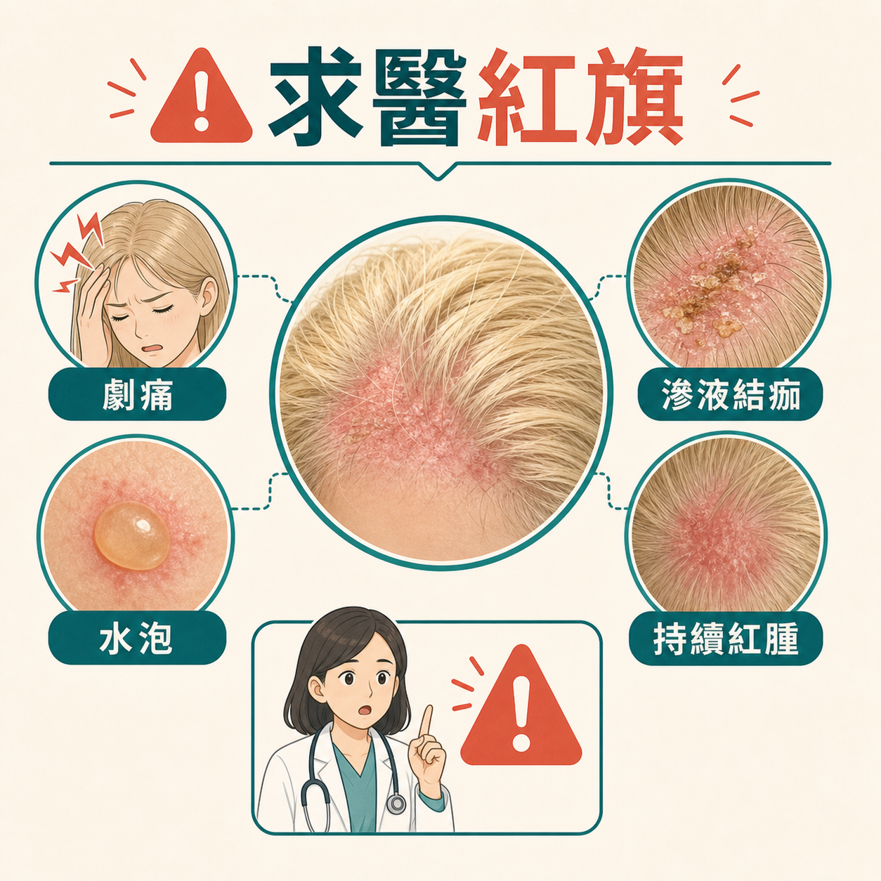 漂染後頭皮劇痛水泡滲液結痂持續紅腫求醫紅旗插圖