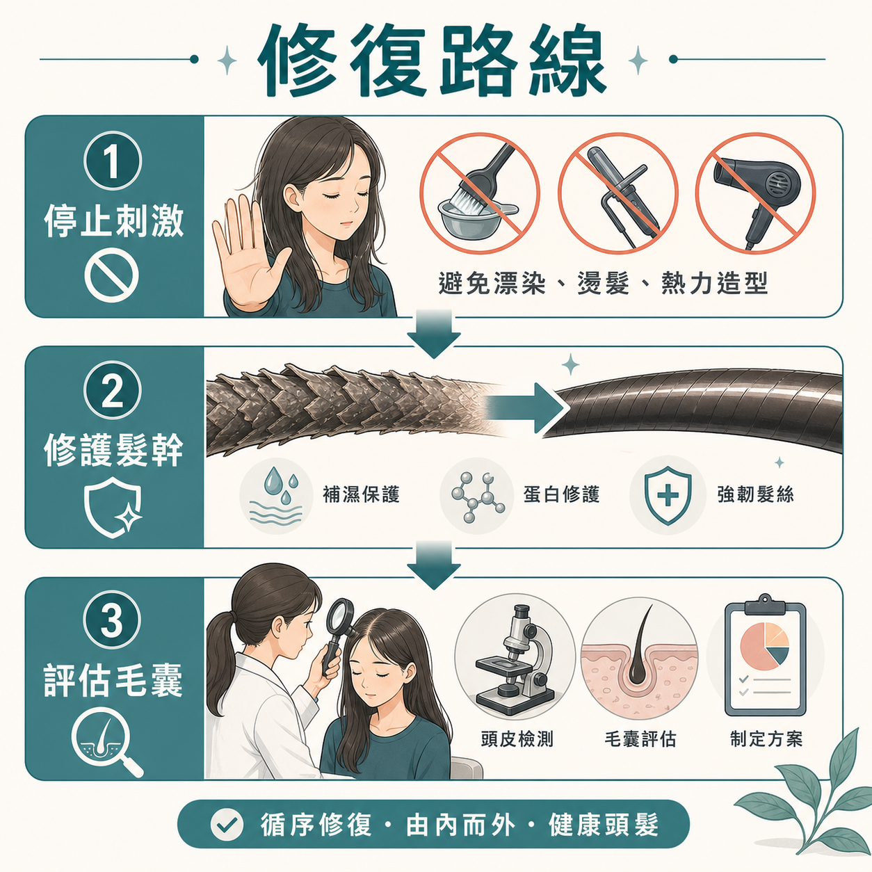 漂染電髮後修復路線停止刺激修護髮幹和評估毛囊插圖