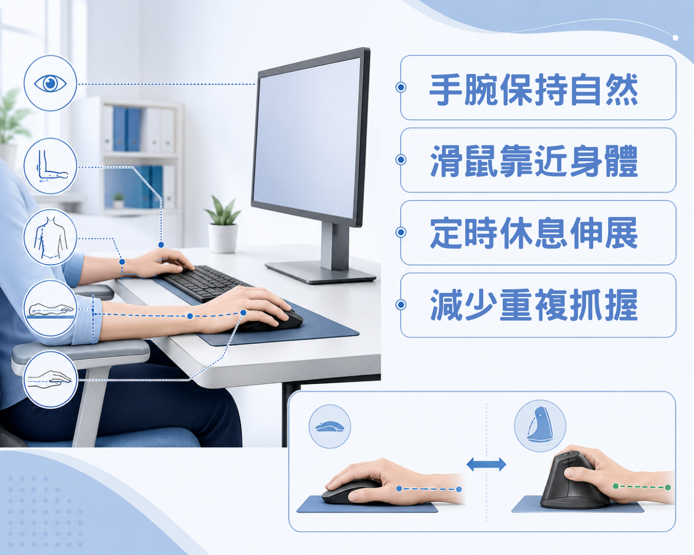 調整滑鼠位置、前臂承托及手腕角度,有助減少手肘外側負荷 調整滑鼠位置、前臂承托及手腕角度,有助減少手肘外側負荷