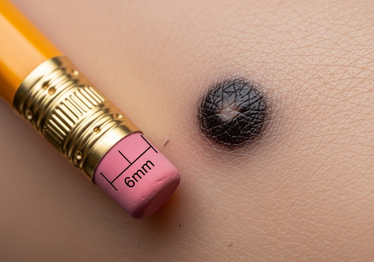 A mole shown next to a 6mm pencil eraser for size comparison, illustrating a diameter larger than 6mm. A mole shown next to a 6mm pencil eraser for size comparison, illustrating a diameter larger than 6mm.