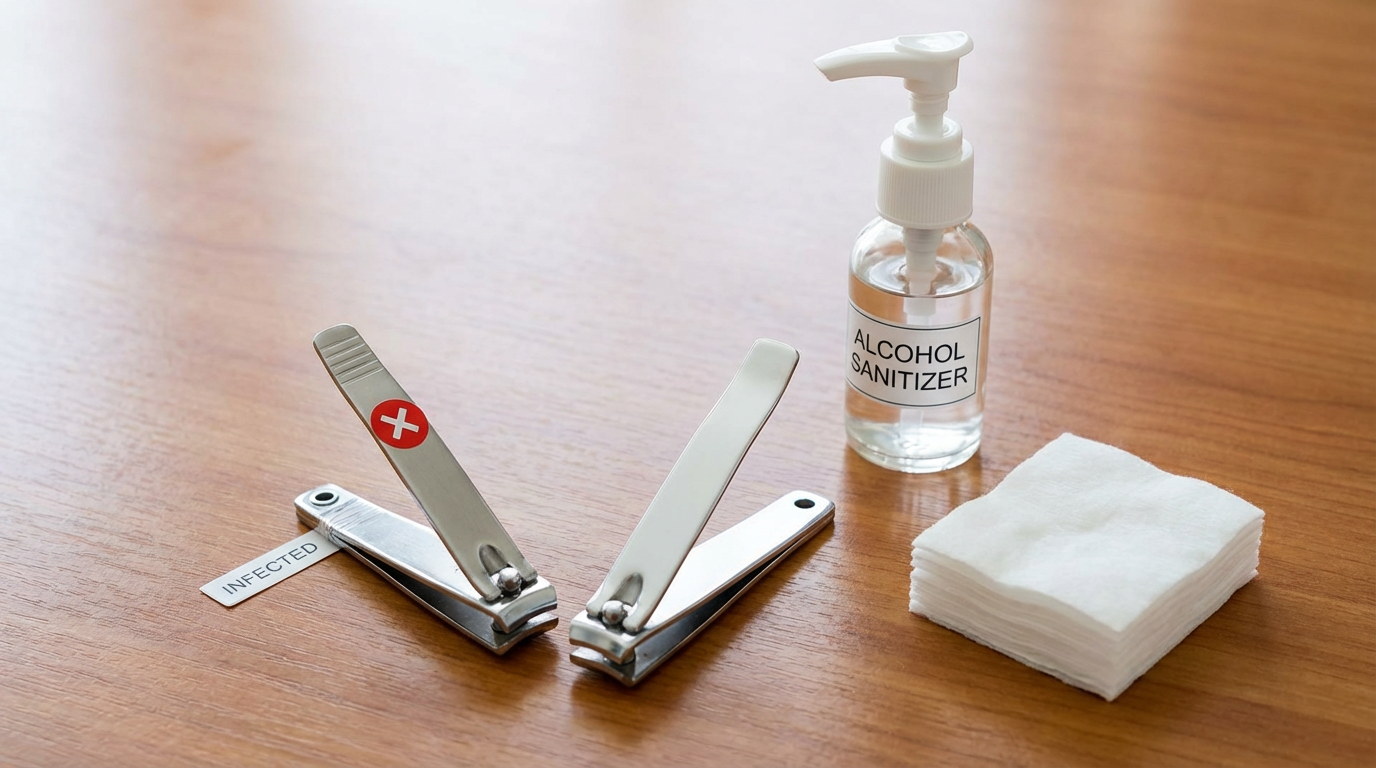 Two separate nail clippers and sanitizing supplies on a table, illustrating hygiene practices to prevent cross-infection