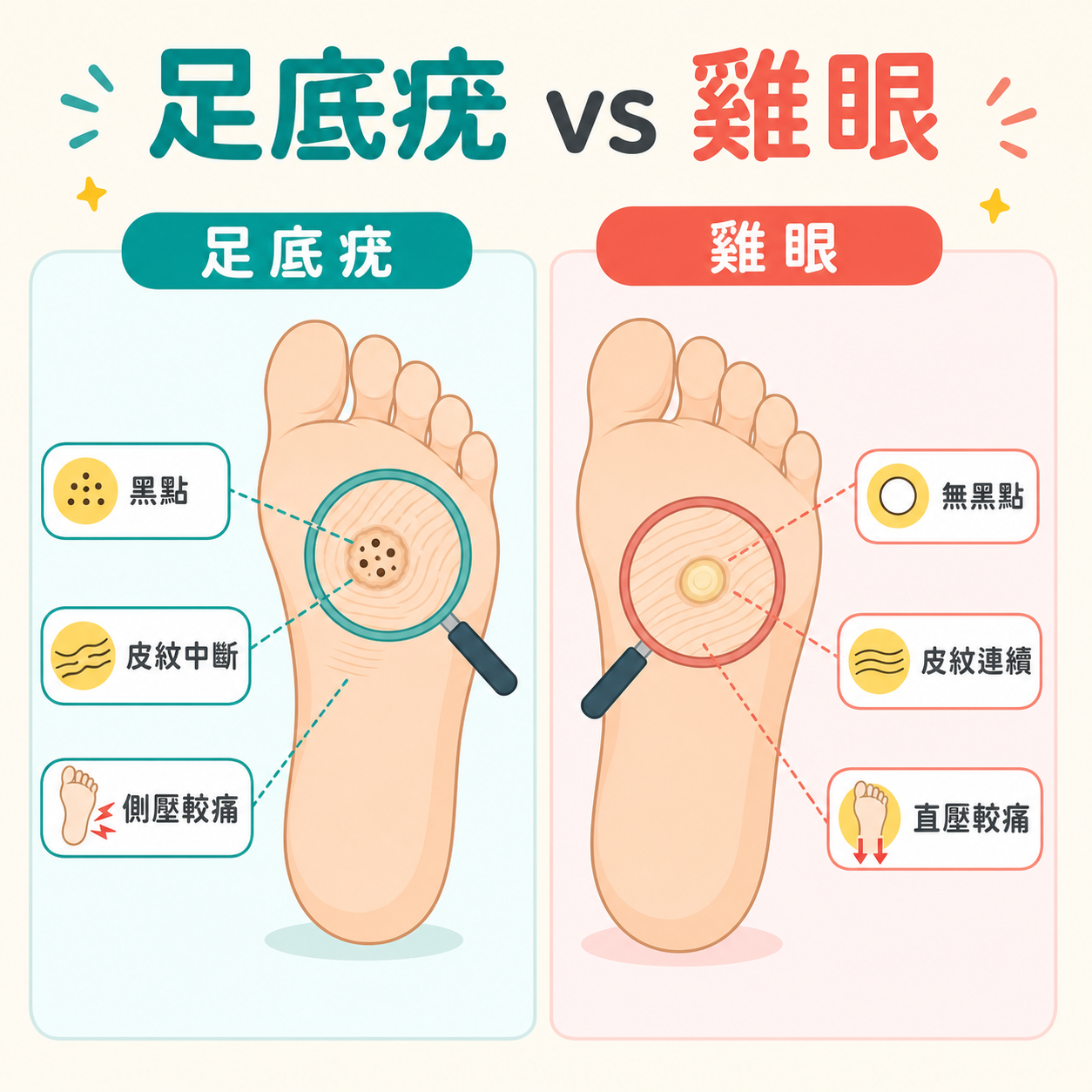 兒童足底疣與雞眼分辨 兒童足底疣與雞眼鑑別對比圖,展示黑點、皮膚紋理與壓痛方向