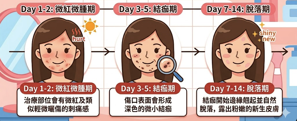脫疣復原期時間表卡通圖,展示從 Day 1-2 的微紅微腫,到 Day 3-5 的結痂形成,再到 Day 7-14 的結痂自然脫落三個階段,每個階段都有一個卡通面部頭像展示狀態 脫疣復原期時間表卡通圖,展示從 Day 1-2 的微紅微腫,到 Day 3-5 的結痂形成,再到 Day 7-14 的結痂自然脫落三個階段,每個階段都有一個卡通面部頭像展示狀態