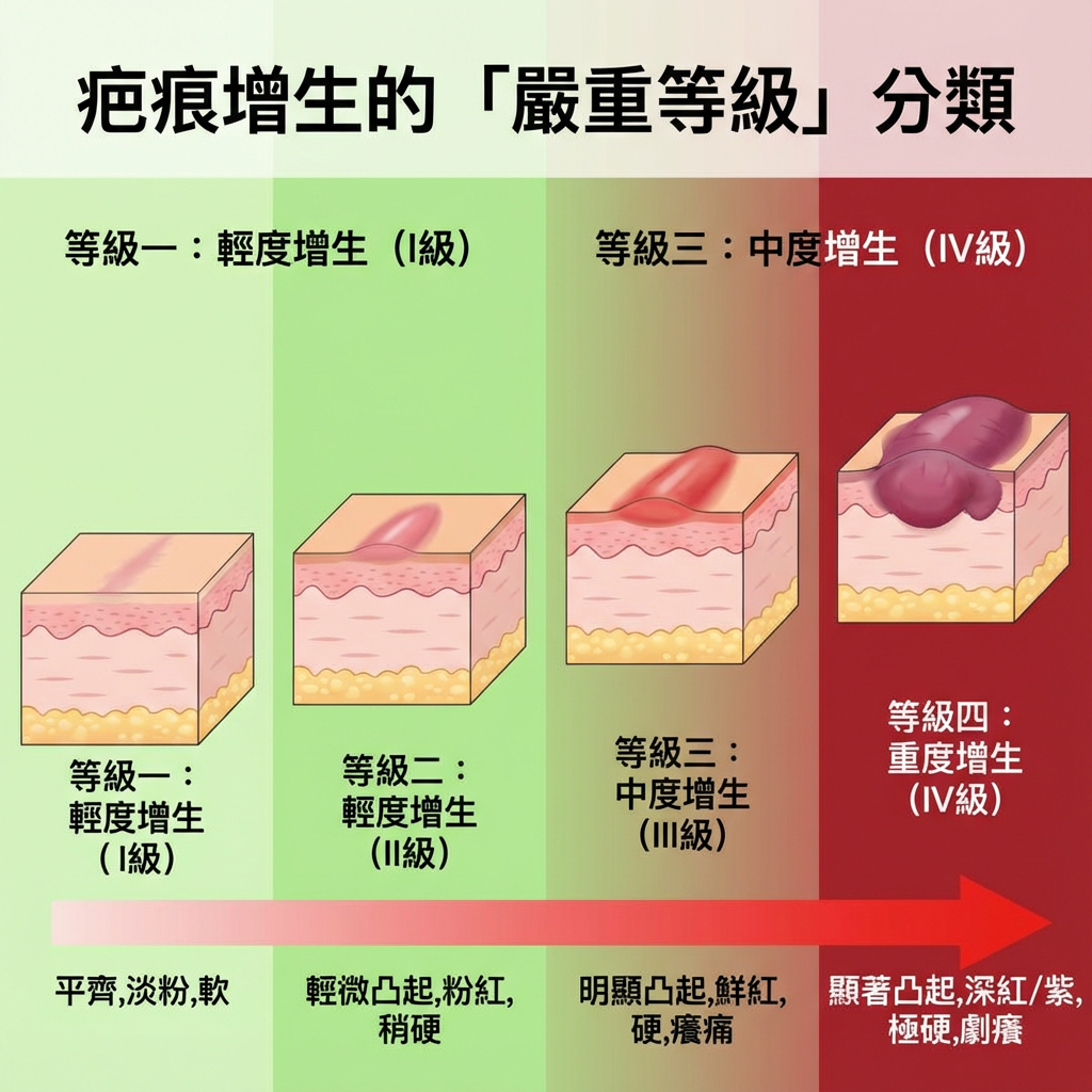 這張圖展示了疤痕從輕度增生（I級）到重度增生（IV級）的發展過程。通過皮膚橫截面圖和顏色變化，形象地說明了不同等級疤痕的特徵和嚴重程度，強調了早期干預的重要性。