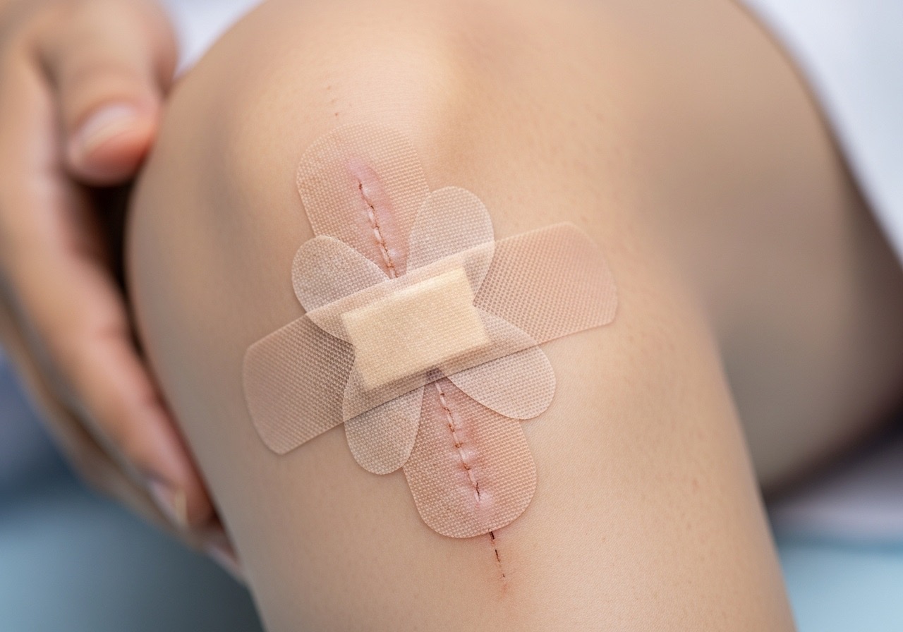 A scar reduction tape applied to a healing wound on a knee to prevent the scar from widening.