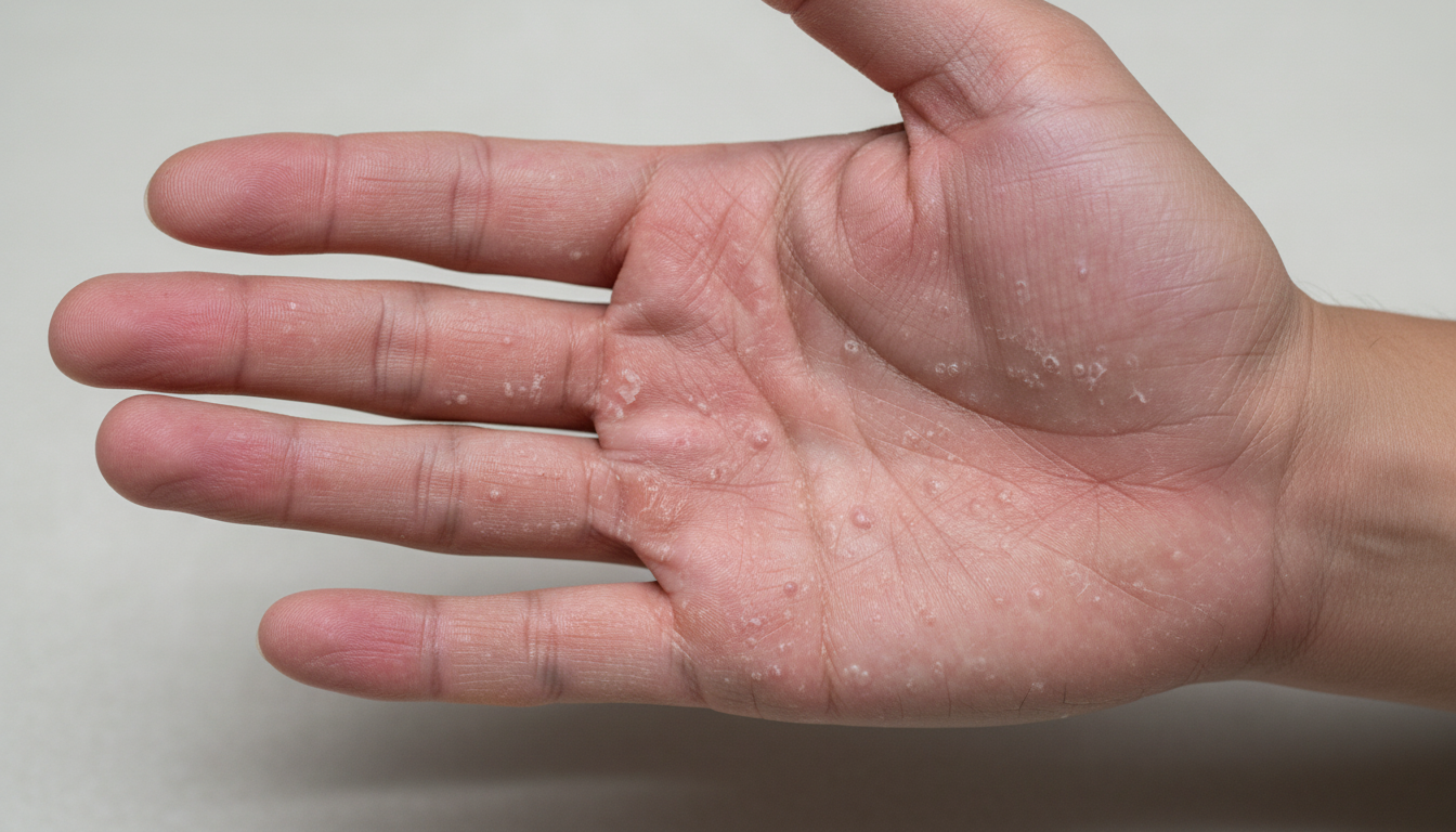 Macro shot of an Asian palm with skin irritation and peeling caused by chronic hand sweating