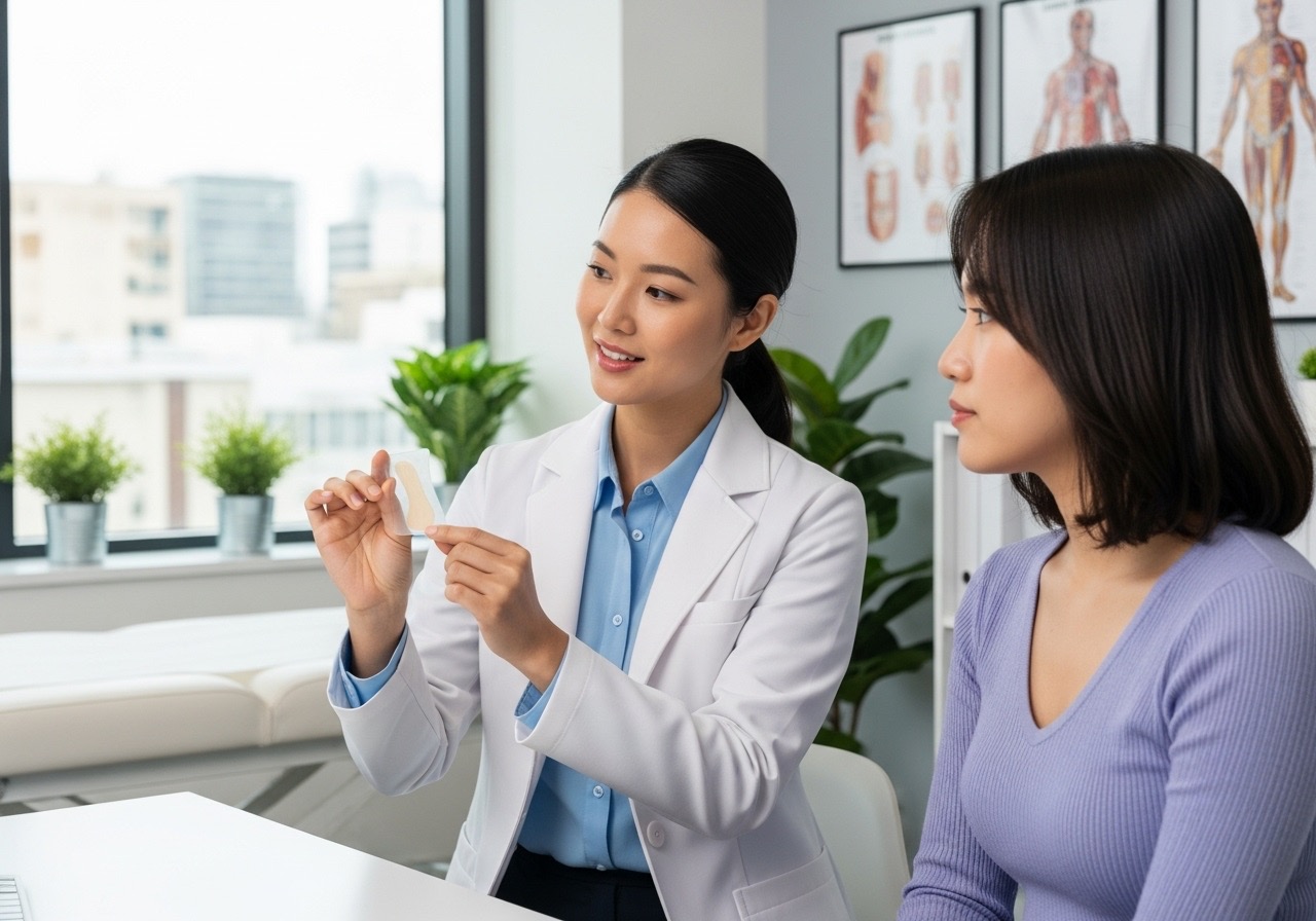 An Asian dermatologist explaining the benefits and use of a silicone scar patch to a patient.
