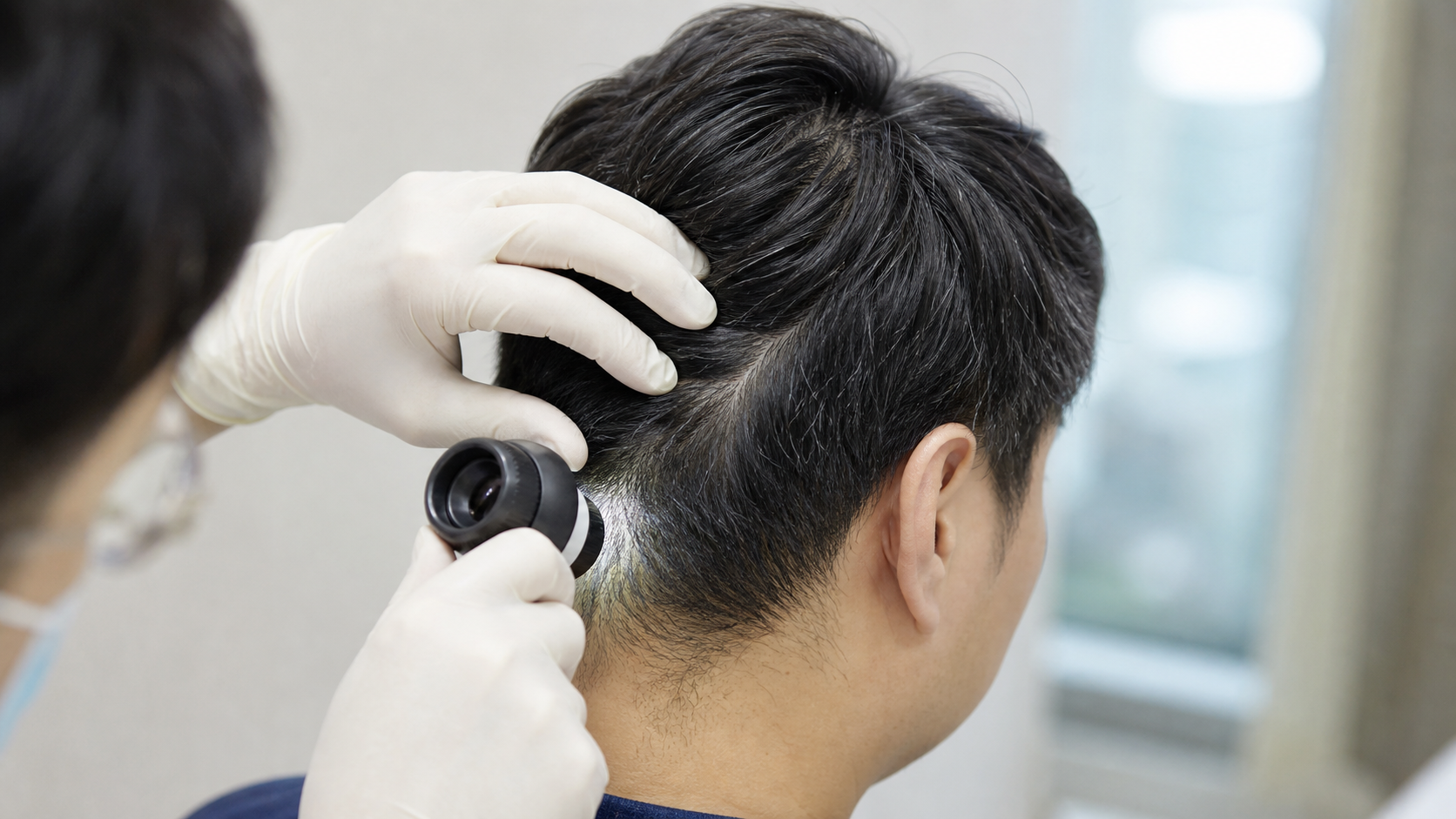 醫護人員以非入侵式放大工具檢查亞洲男士後枕和側面供髮區