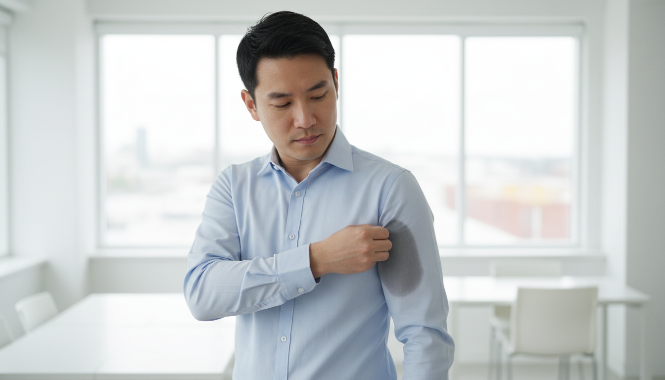 Man in a light shirt showing a large sweat stain under his arm, depicting the embarrassment of axillary hyperhidrosis