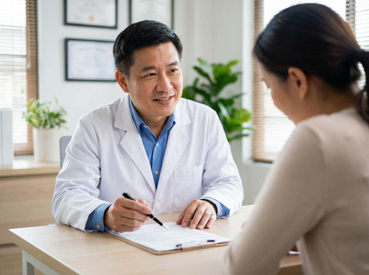 Doctor consulting with patient about medical insurance forms.