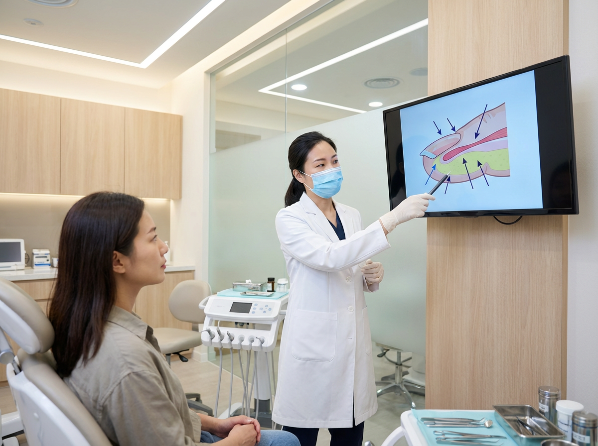 Asian doctor consulting with a patient in a modern, sterile medical clinic.