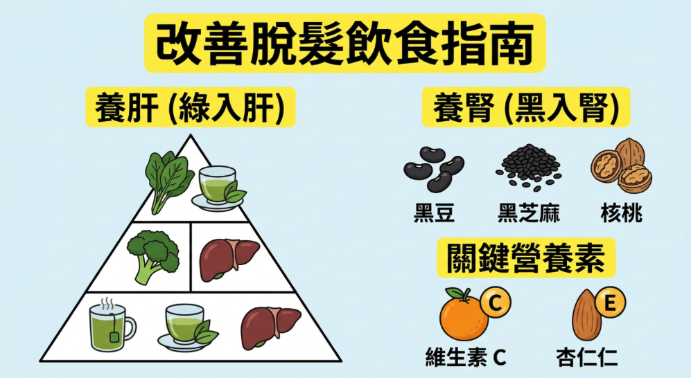 這張插圖準確地展示了文章中列出的改善脫髮飲食指南，並特別區分了中醫養肝和養腎的食物類別，視覺直觀且易於理解。