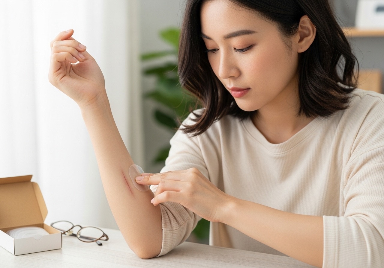 An Asian woman carefully applying a silicone scar patch to a healing scar on her arm.