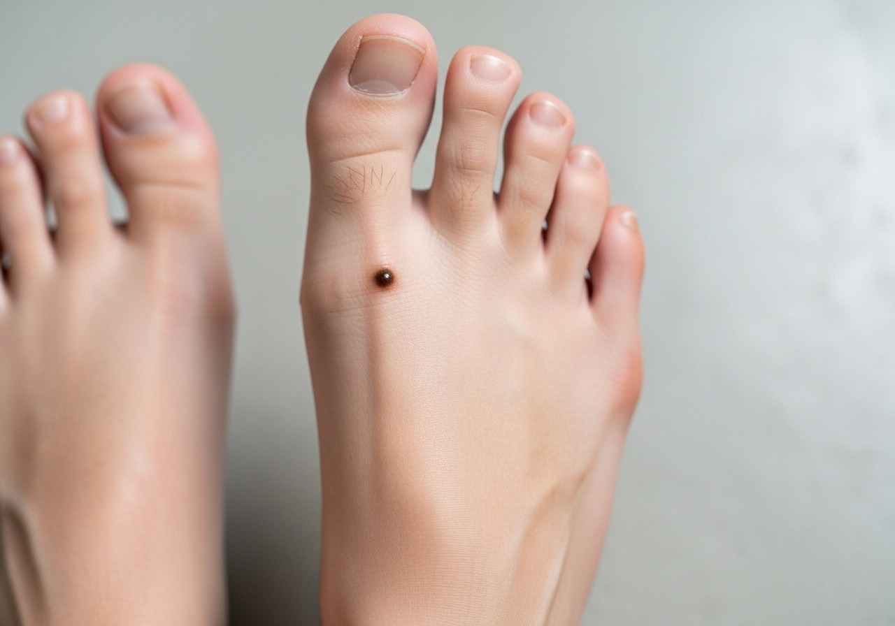 A clear image of a mole located on the sole of a foot, an area of high friction.